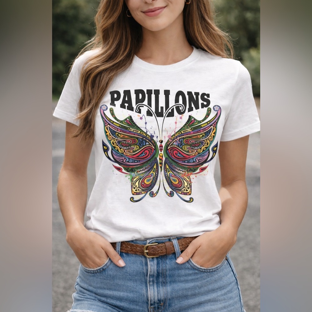 Hand Crafted White Tee with Colorful Butterfly Design